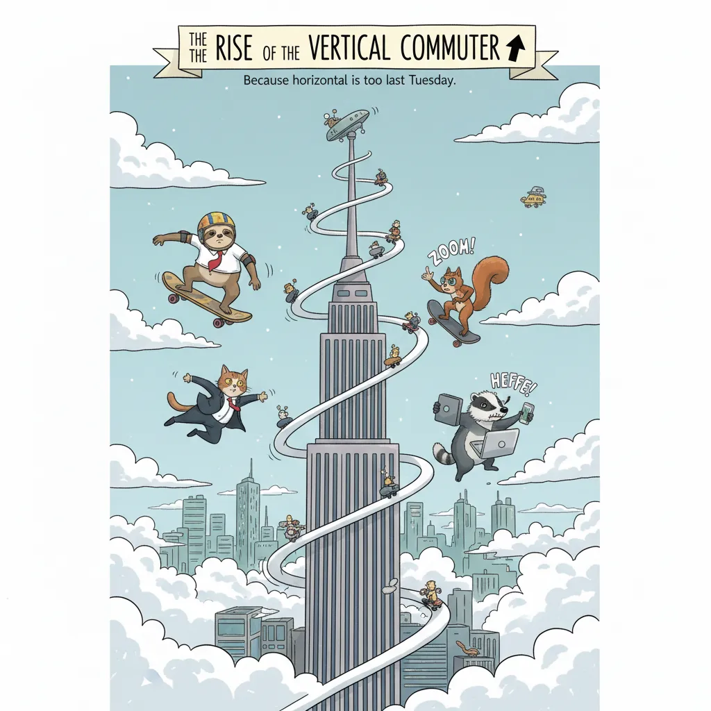 Cartoon poster titled The Rise of the Vertical Commuter: animals in office clothes skateboard and fly up a spiral track around a skyscraper, subtitled Because horizontal is too last Tuesday