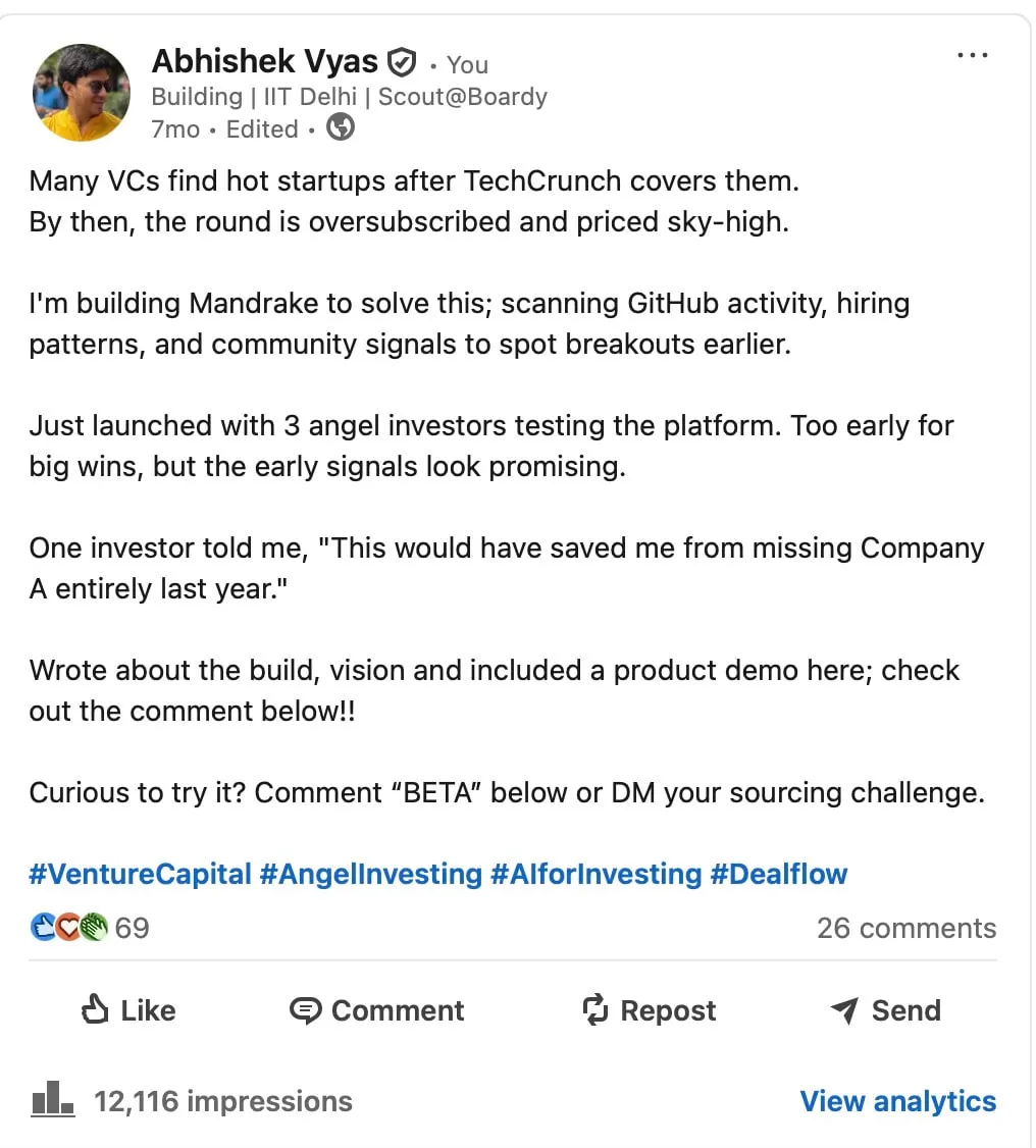 Screenshot of the author’s LinkedIn post launching Mandrake, about spotting breakout startups before TechCrunch covers them, with 12,116 impressions