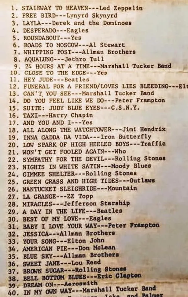 Typed list of rock songs numbered 1 to 40, from Stairway to Heaven by Led Zeppelin to In My Own Way by Marshall Tucker Band