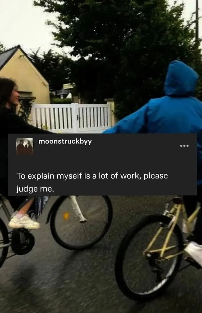 Photo of two people cycling on a wet street, overlaid with a post reading: To explain myself is a lot of work, please judge me.