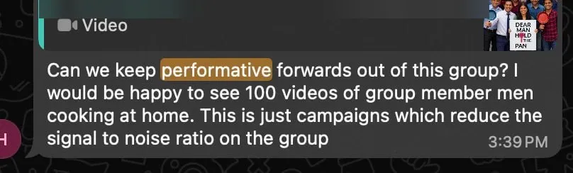 Screenshot of a group chat message asking members to keep performative forwards out of the group because they reduce the signal to noise ratio