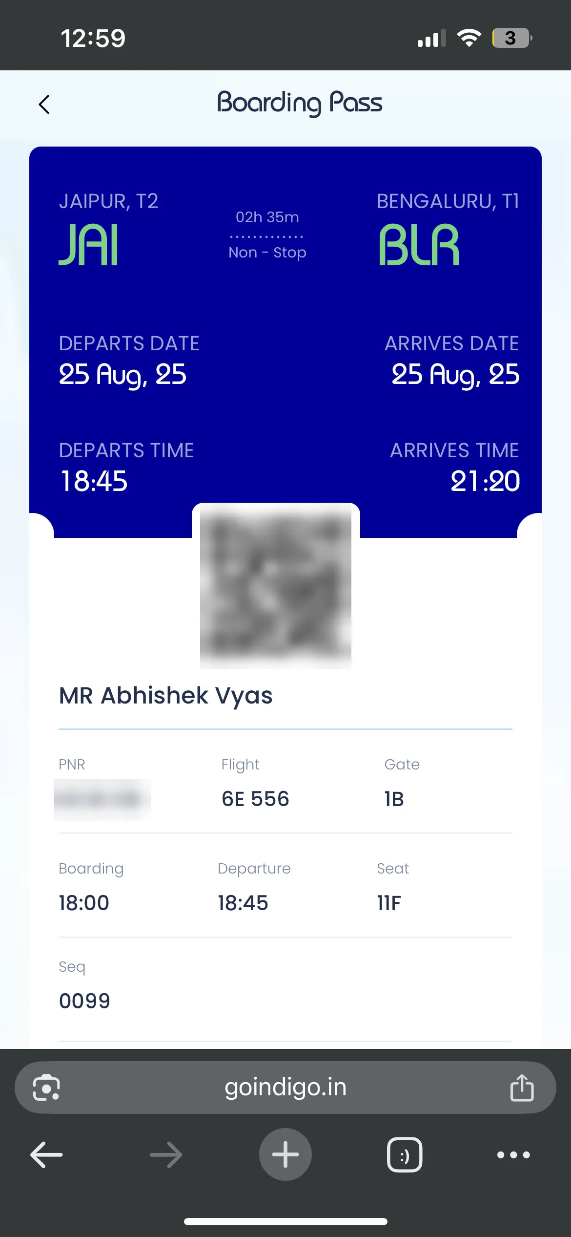 Phone screenshot of an IndiGo boarding pass for a non-stop flight from Jaipur to Bengaluru on 25 August 2025