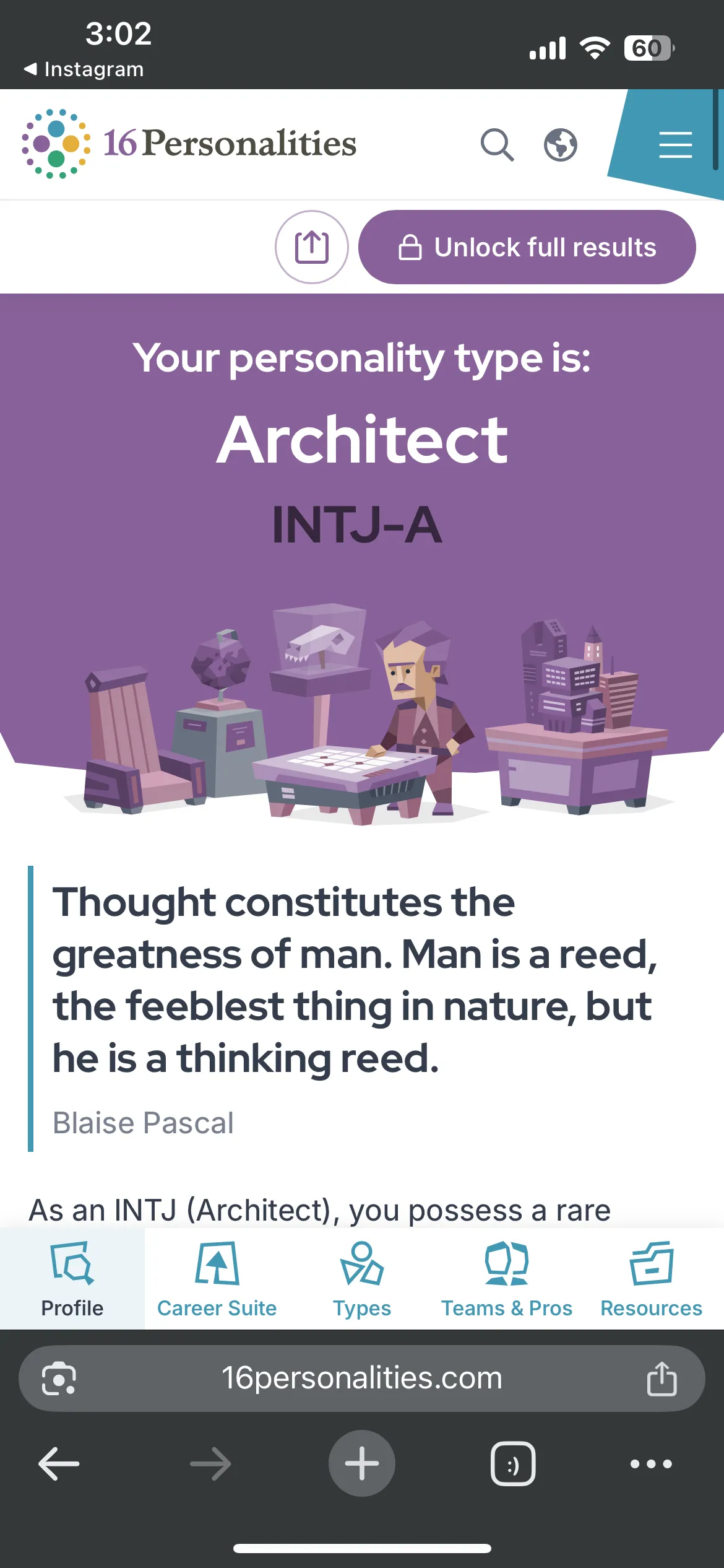 Phone screenshot of a 16Personalities result: Architect, INTJ-A, with a Blaise Pascal quote about man as a thinking reed