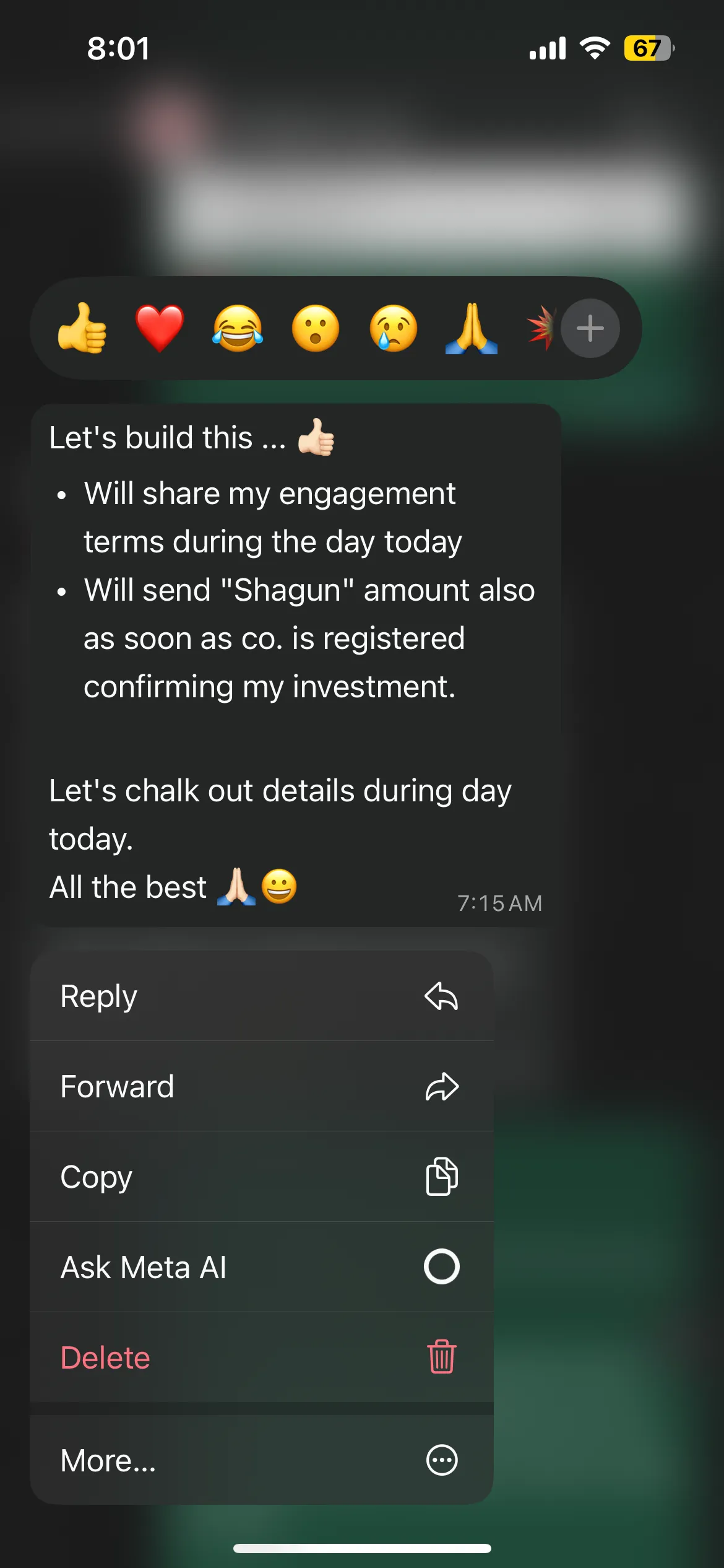 Screenshot of a chat message from an investor: Let’s build this, promising to share engagement terms and send a Shagun amount once the company is registered