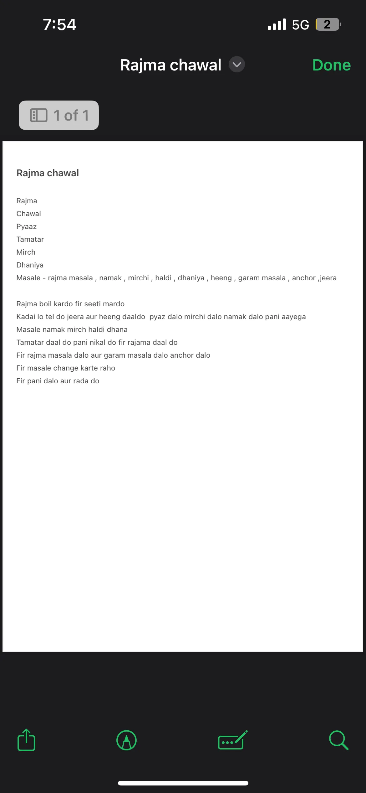 Screenshot of a phone note with a rajma chawal recipe written in Hinglish: ingredients, masalas and steps