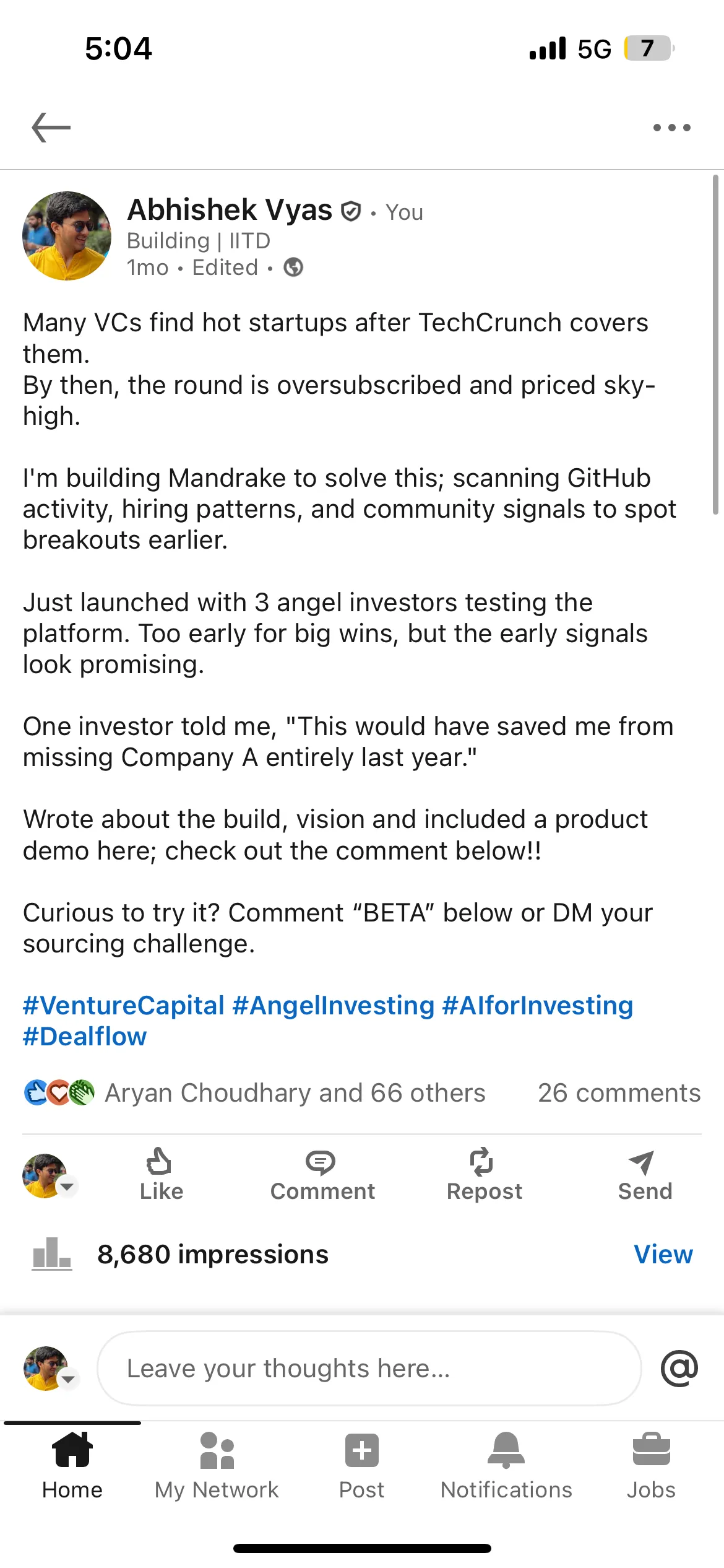 Screenshot of the author’s LinkedIn post launching Mandrake, a tool to spot breakout startups early, with 8,680 impressions