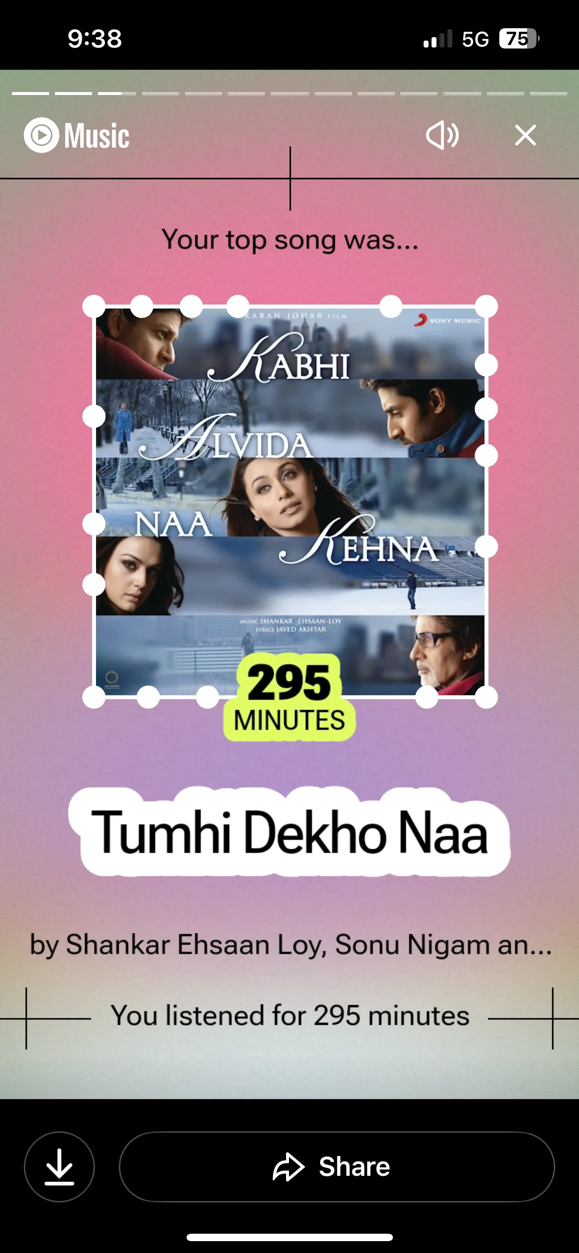 Screenshot of a YouTube Music recap: top song Tumhi Dekho Naa from Kabhi Alvida Naa Kehna, listened to for 295 minutes