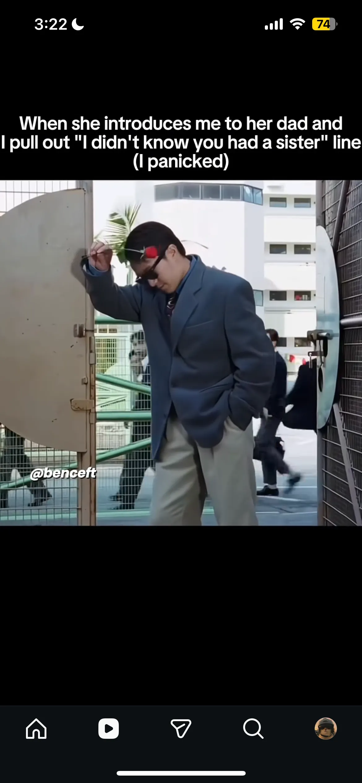 Screenshot of a meme: a man in a blazer and sunglasses holding a rose and leaning on a gate, captioned: When she introduces me to her dad and I pull out the I didn’t know you had a sister line (I panicked)