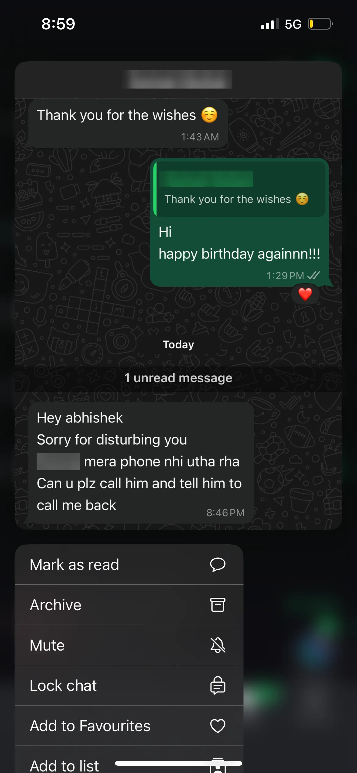 Screenshot of a WhatsApp chat: after a birthday exchange, a message asks him to call a friend who is not answering and tell him to call back