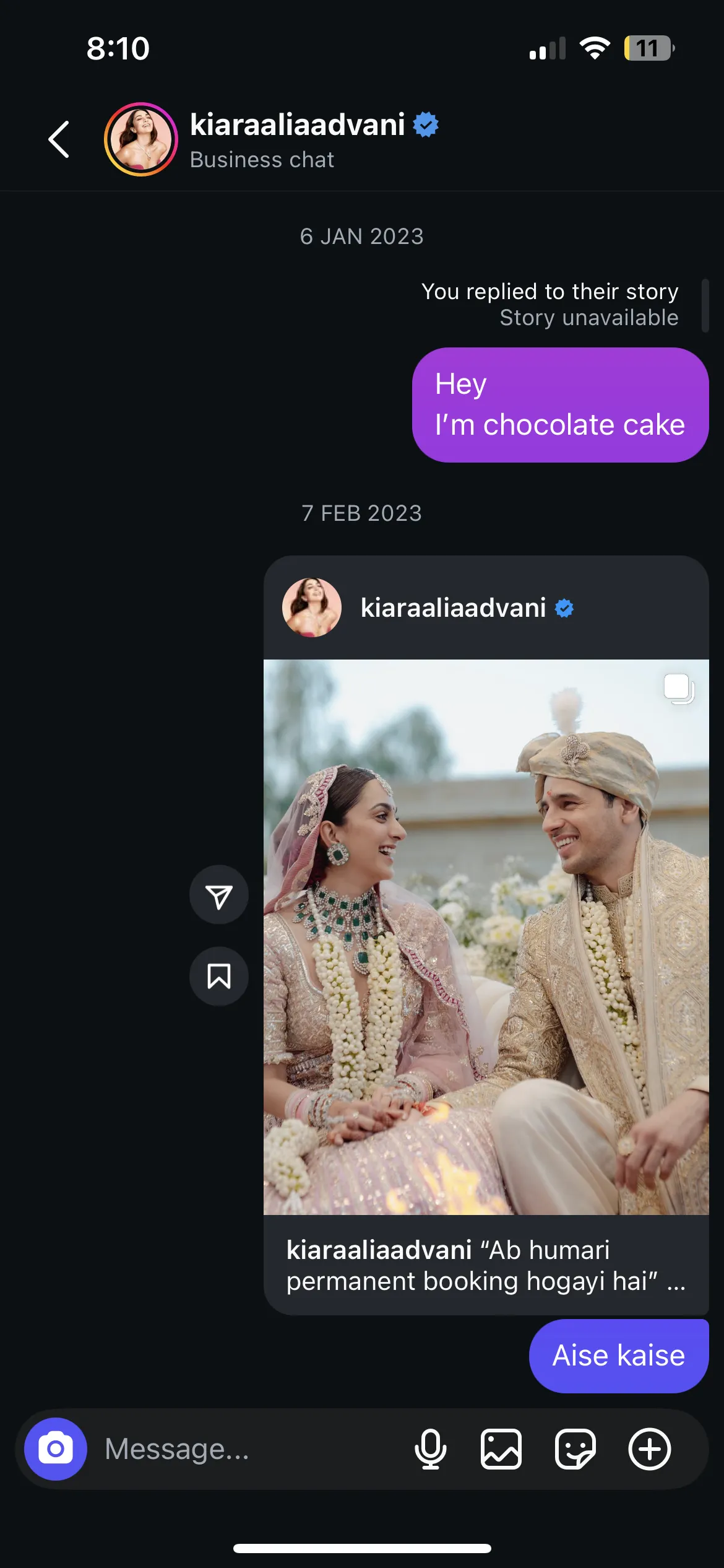 Screenshot of an Instagram DM thread with actor Kiara Advani’s verified account: a story reply saying Hey, I’m chocolate cake, then her wedding post, answered with Aise kaise