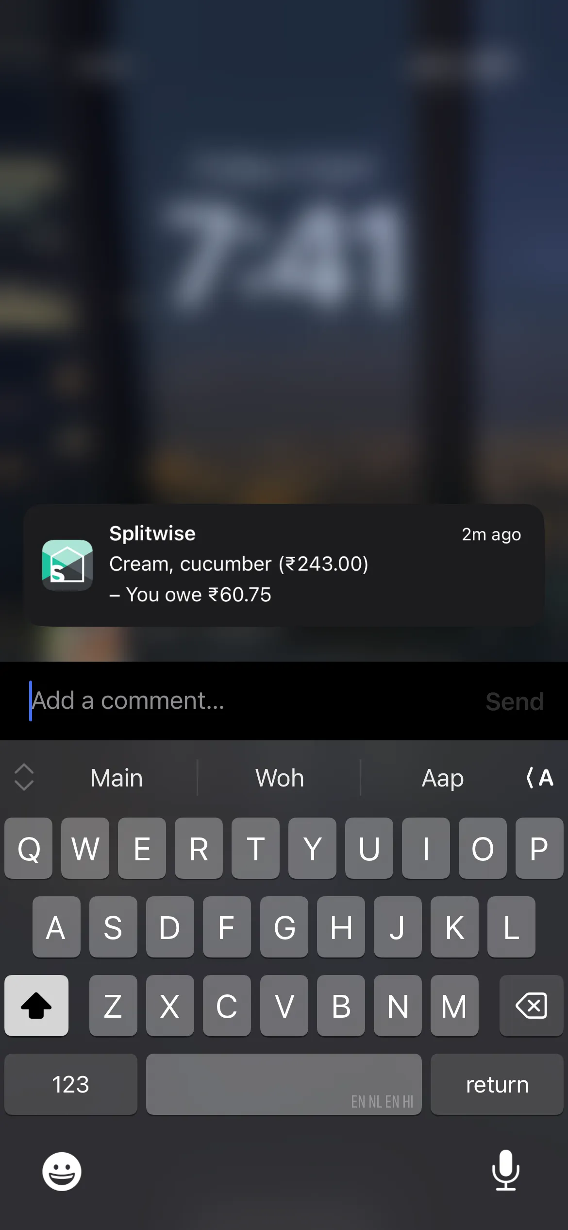 Screenshot of a Splitwise notification: Cream, cucumber, ₹243, you owe ₹60.75