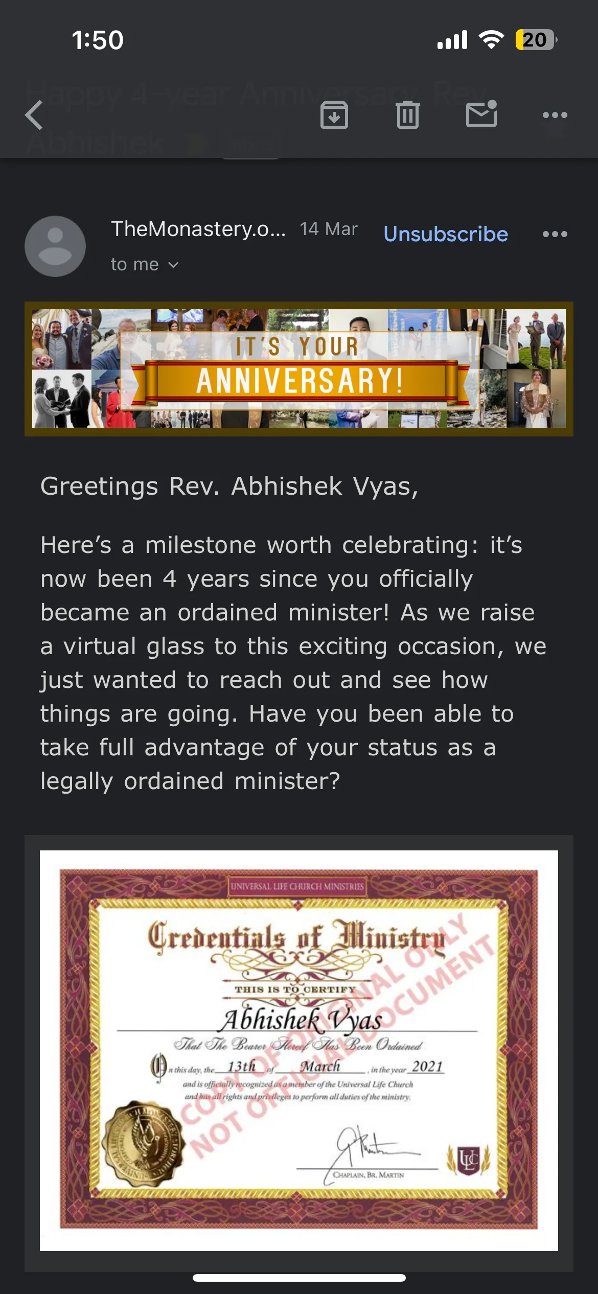 Screenshot of an email marking four years since he became an ordained minister, with a Universal Life Church Credentials of Ministry certificate dated March 2021
