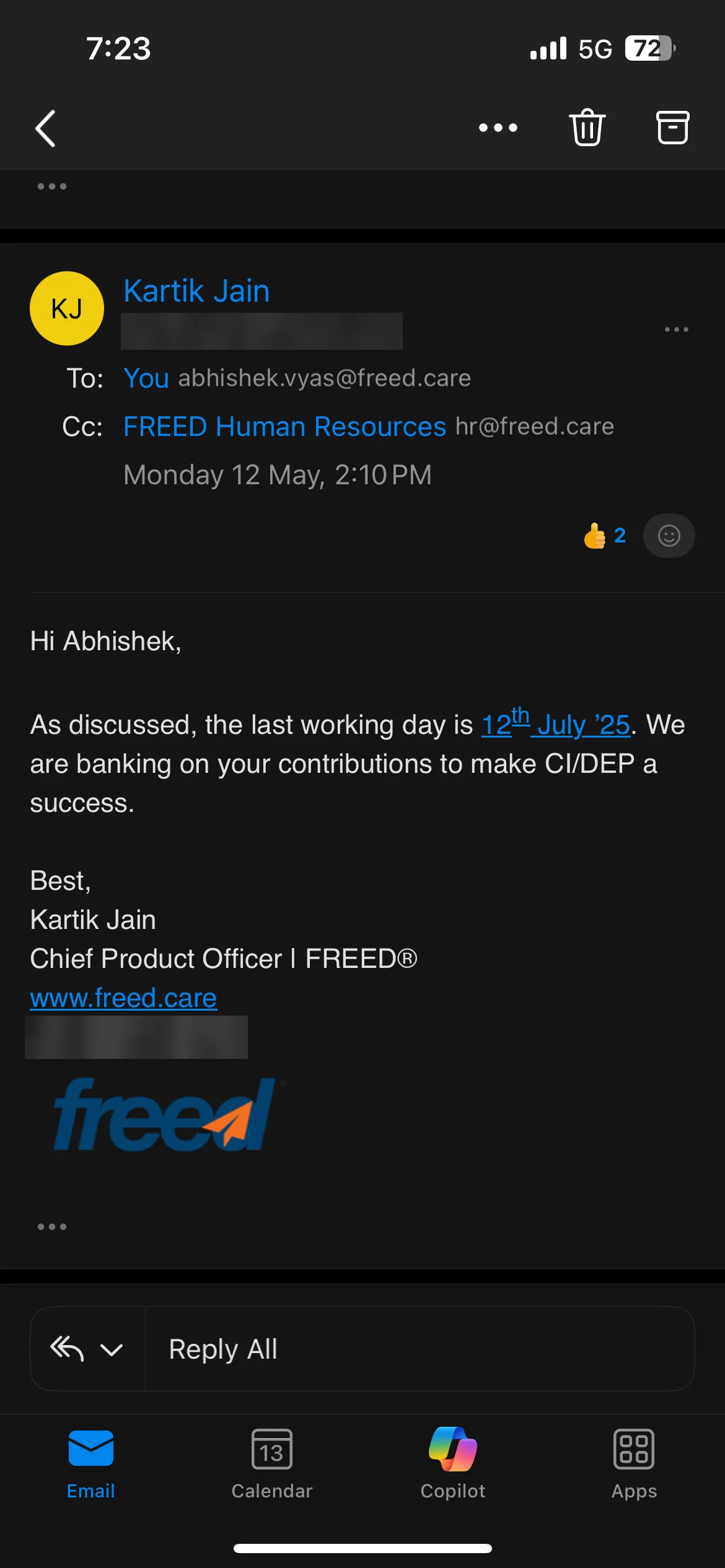 Screenshot of a work email confirming his last working day as 12 July 2025