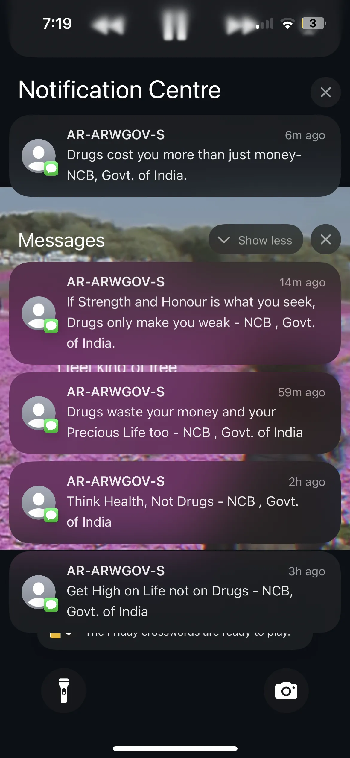 Screenshot of phone notifications: a string of SMS anti-drug slogans from the NCB, Govt. of India, received within a few hours