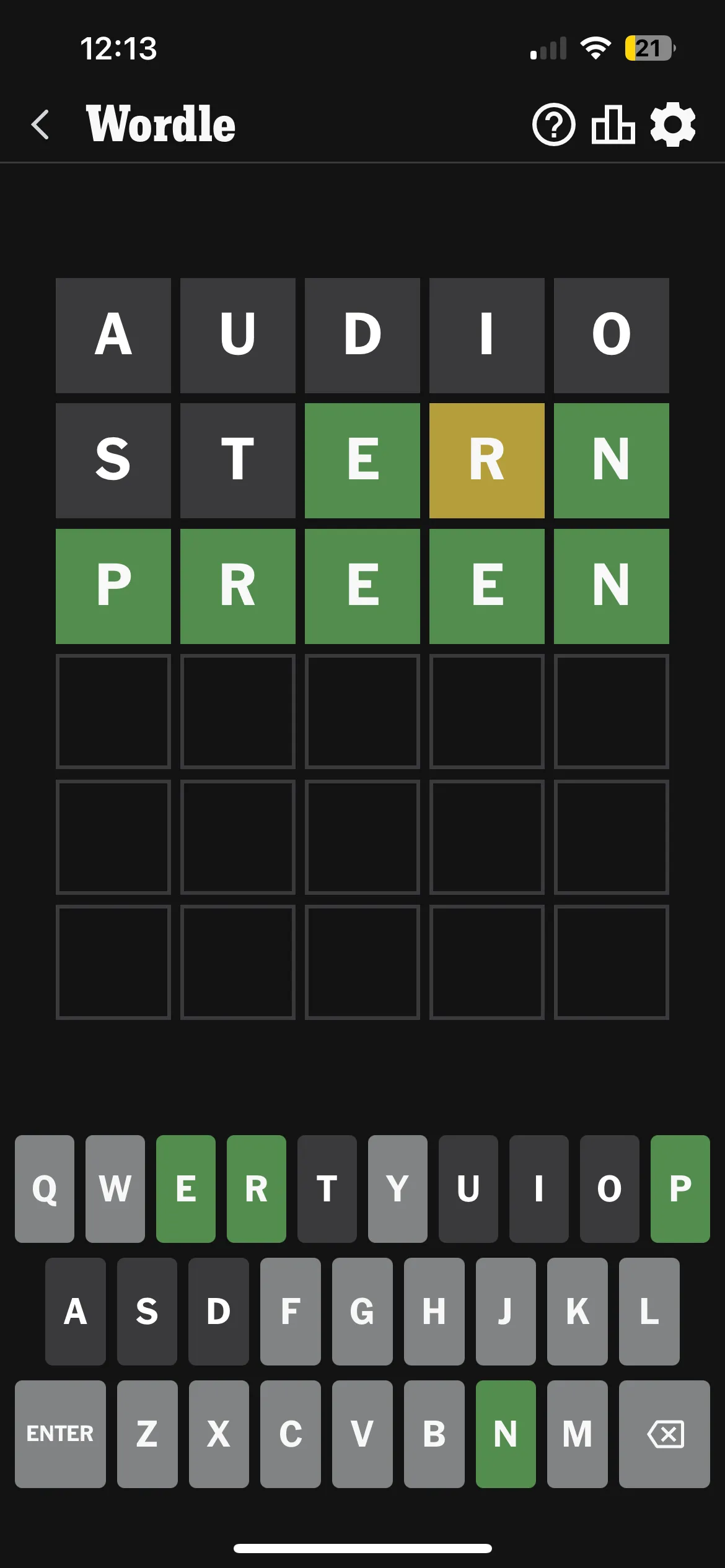 Screenshot of a Wordle solved in three guesses: AUDIO, STERN, PREEN