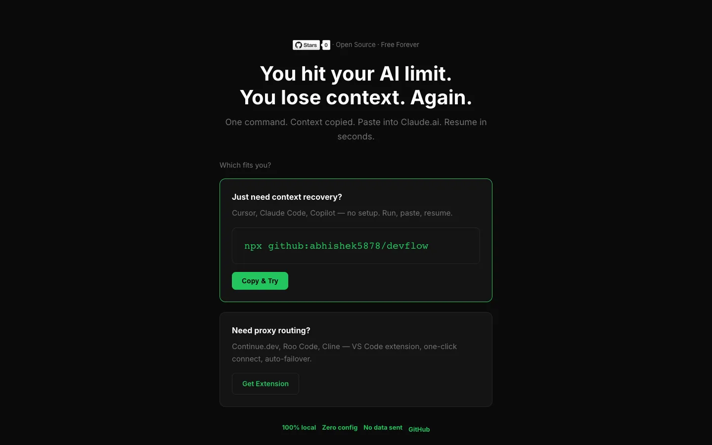 The landing page: one command, context copied, paste it into the next tool.