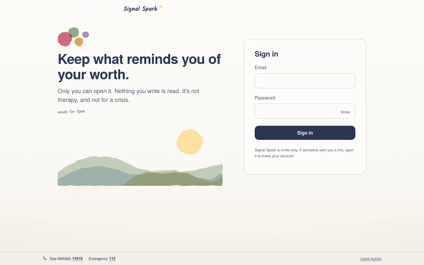 The way in: a public sign-in page, invite-only past it, with the crisis lines along the bottom.