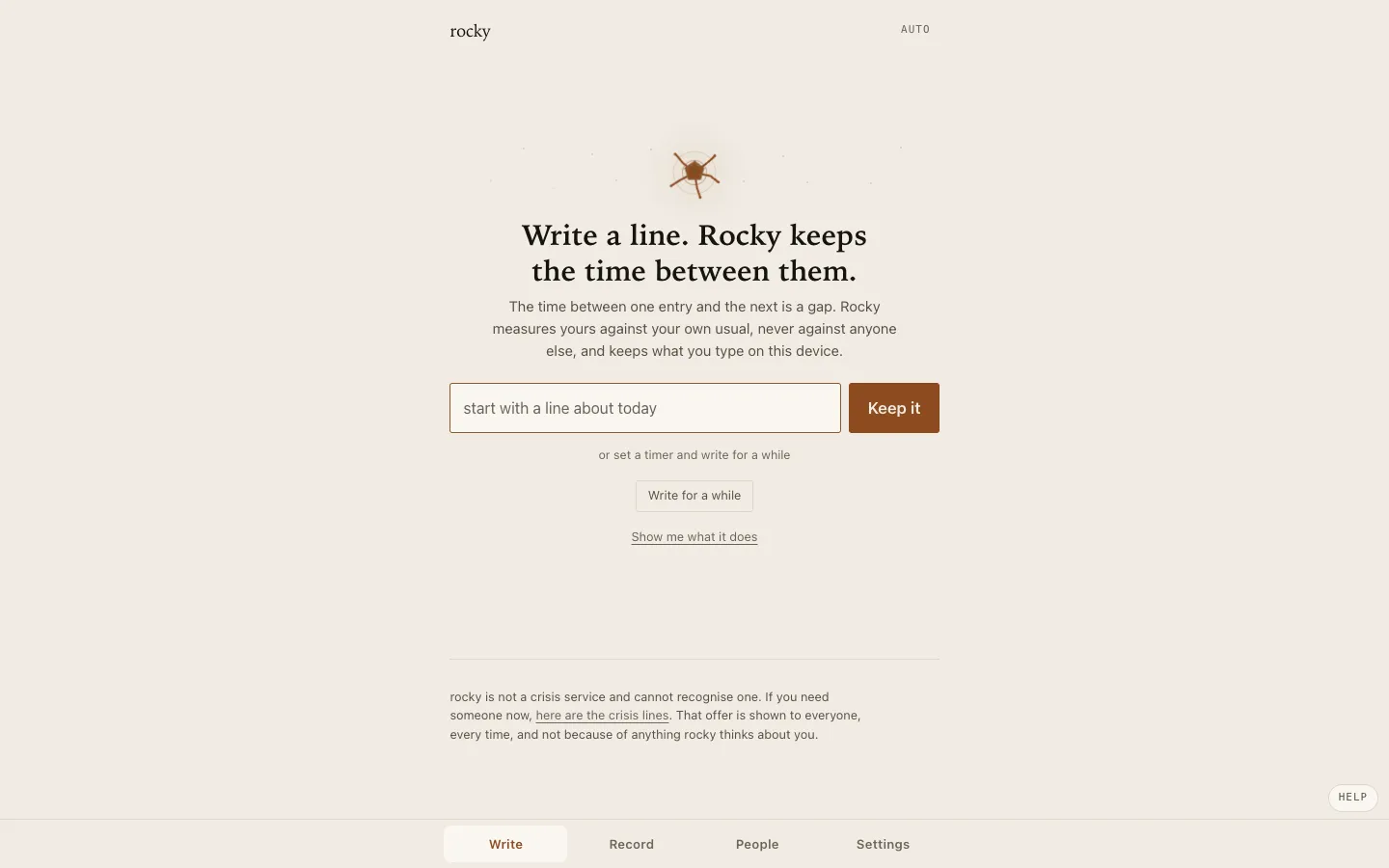 The first screen: write a line, and Rocky keeps the time between them.