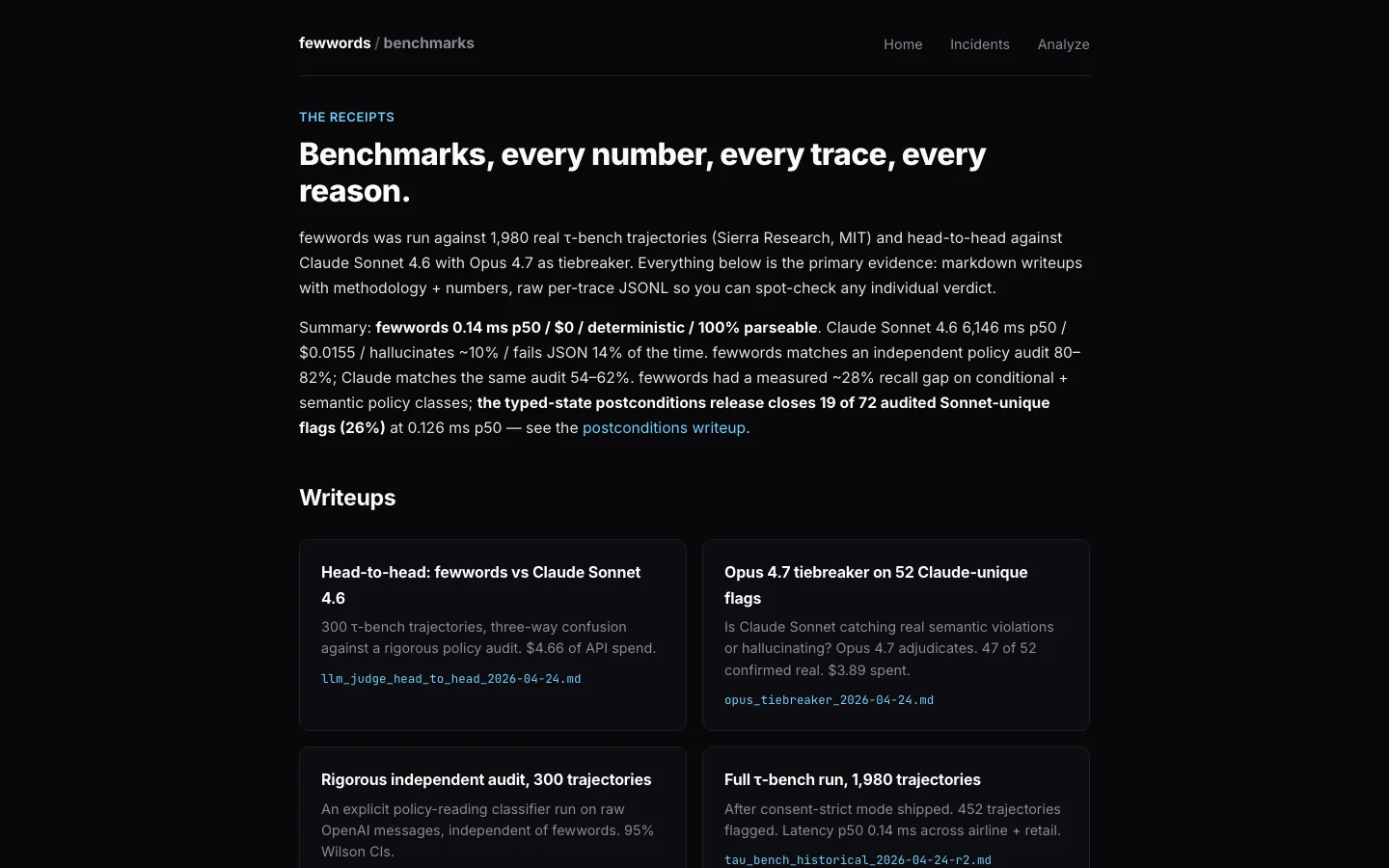 The benchmarks page: every number, every trace, every reason.