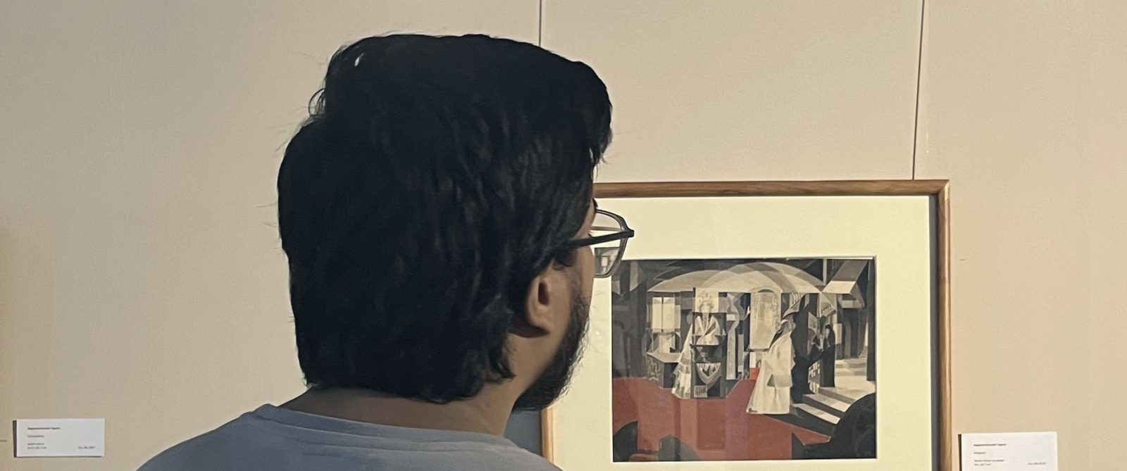 Abhishek from behind, looking at a framed print in a gallery.